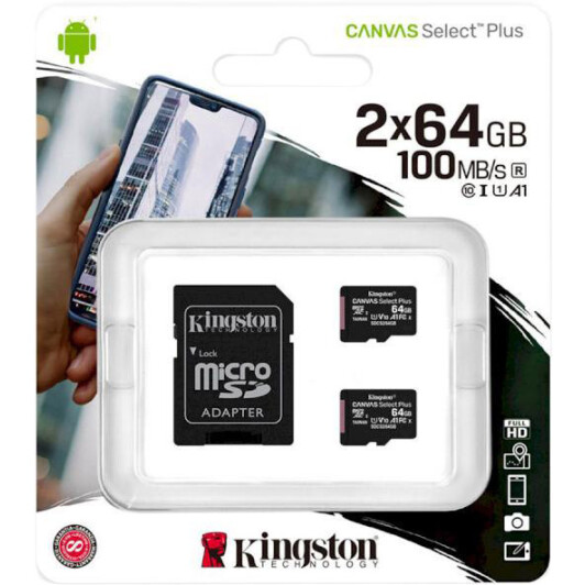 Карта памяти Kingston Canvas Select Plus 2x microSDHC 64 ГБ с SD-адаптером