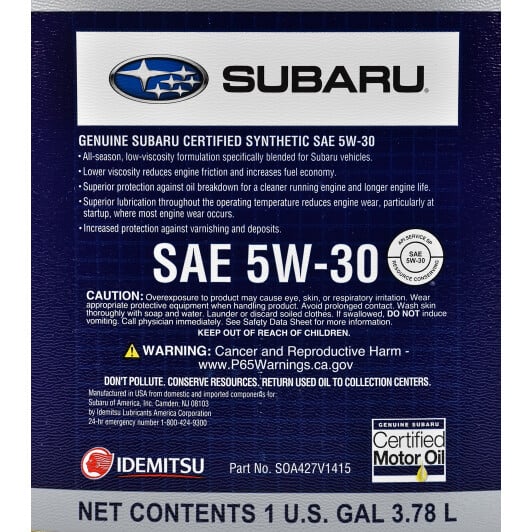 Моторна олива Subaru Certified Motor Oil 5W-30 3,78 л на Honda Jazz