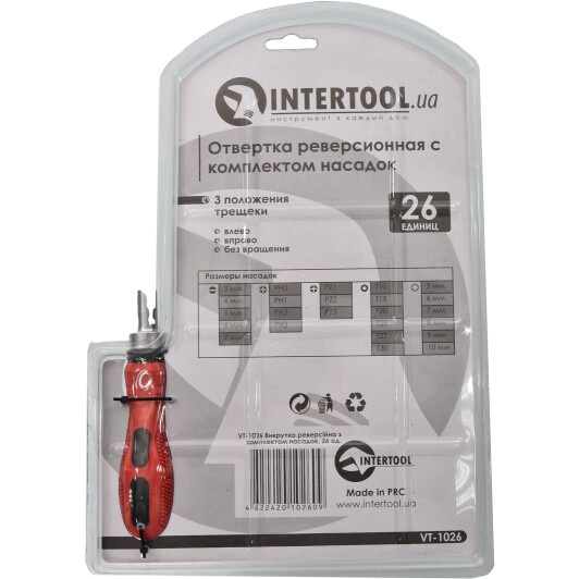 Отвертка реверсивная с набором бит Intertool VT1026