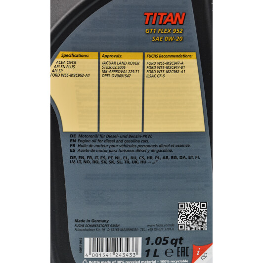 Моторное масло Fuchs Titan Gt1 Flex 952 0W-20 1 л на Kia Pride