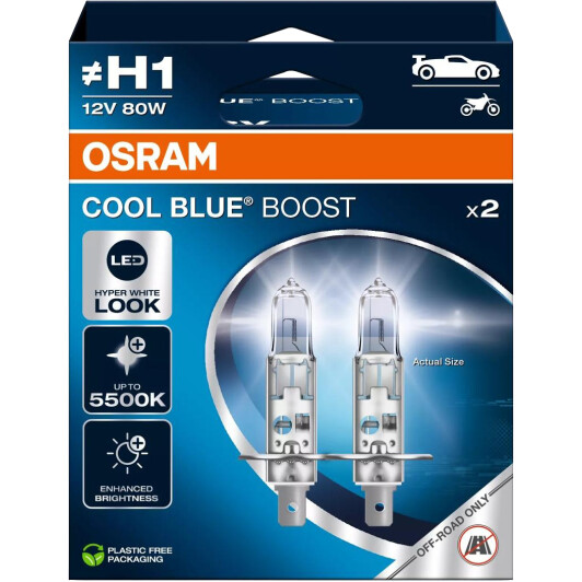 Автолампа Osram Cool Blue Boost H1 P14,5s 80 W прозоро-блакитна 62150CBB-2HB