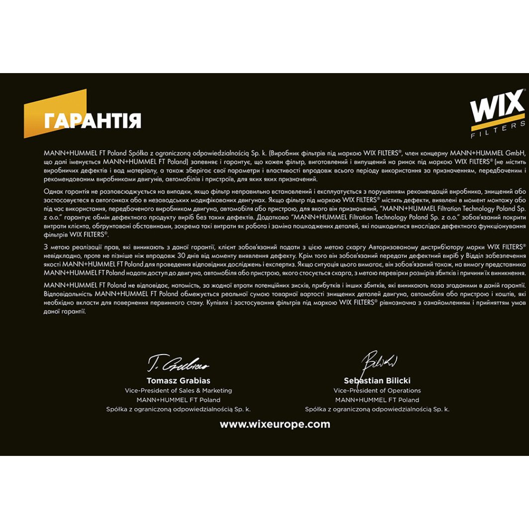Сертификат на Фильтр салона WIX Filters K13422X