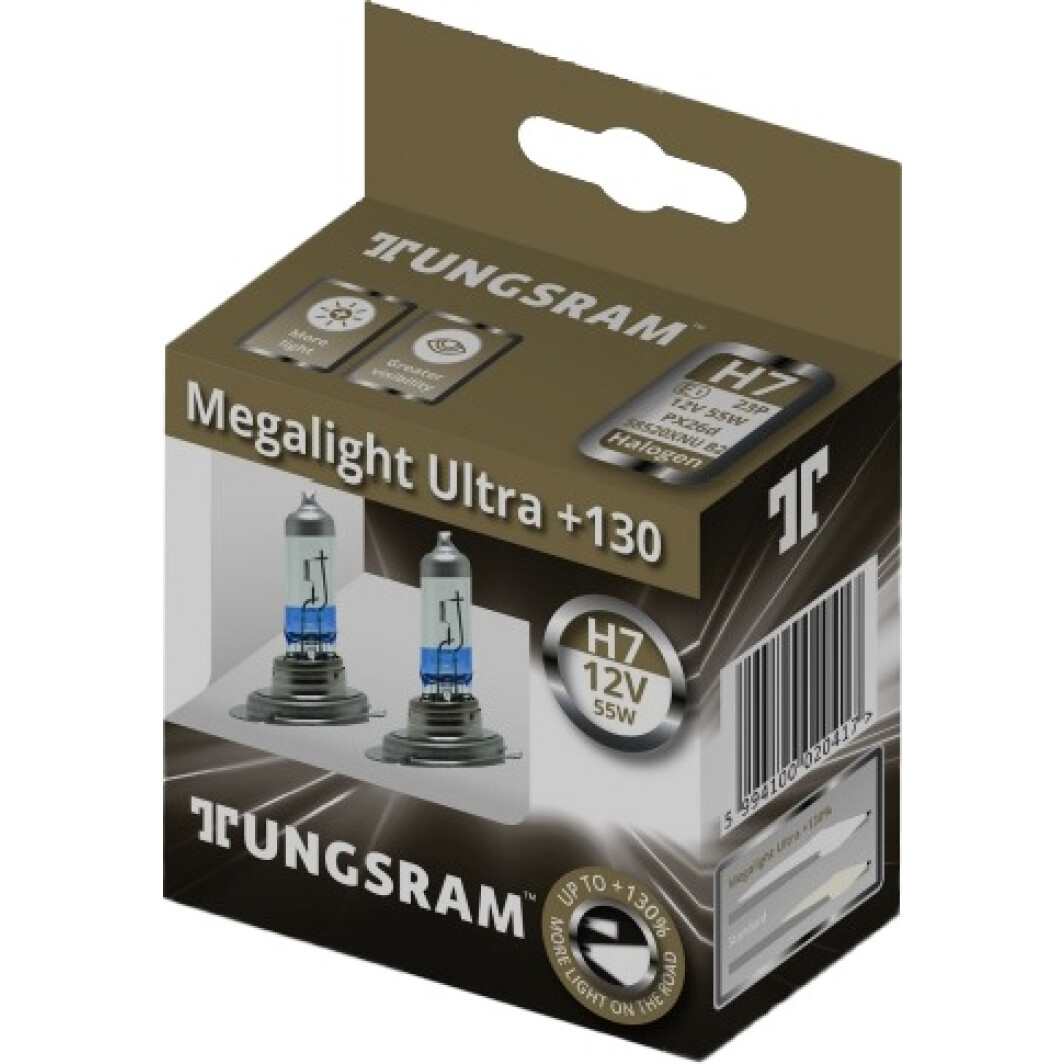 Автолампа Tungsram Megalight Ultra +130 H7 PX26d 55 W прозрачно-голубая 58520xnu