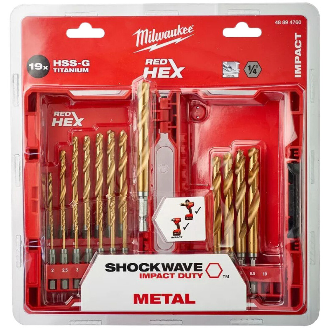 Набор сверл Milwaukee спиральных по металлу Shockwave Red HEX 48894760 2-10 мм 19 шт.