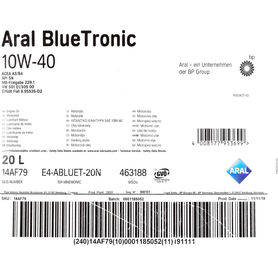 Моторное масло Aral BlueTronic 10W-40 20 л на Toyota Avensis