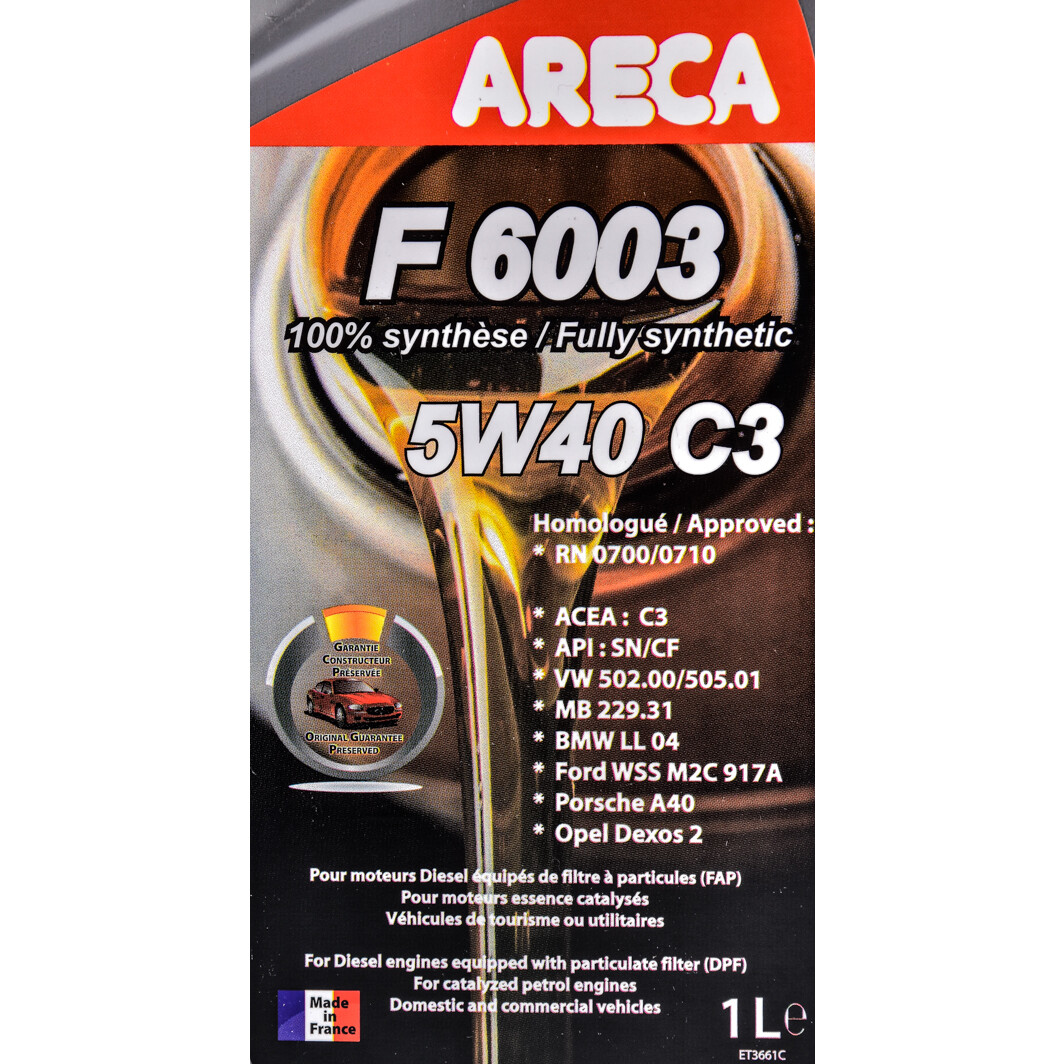 Моторное масло Areca F6003 C3 5W-40 1 л на Hyundai Equus