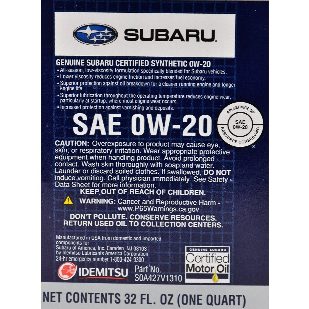 Моторное масло Subaru Synthetic Motor Oil 0W-20 0,95 л на Citroen ZX