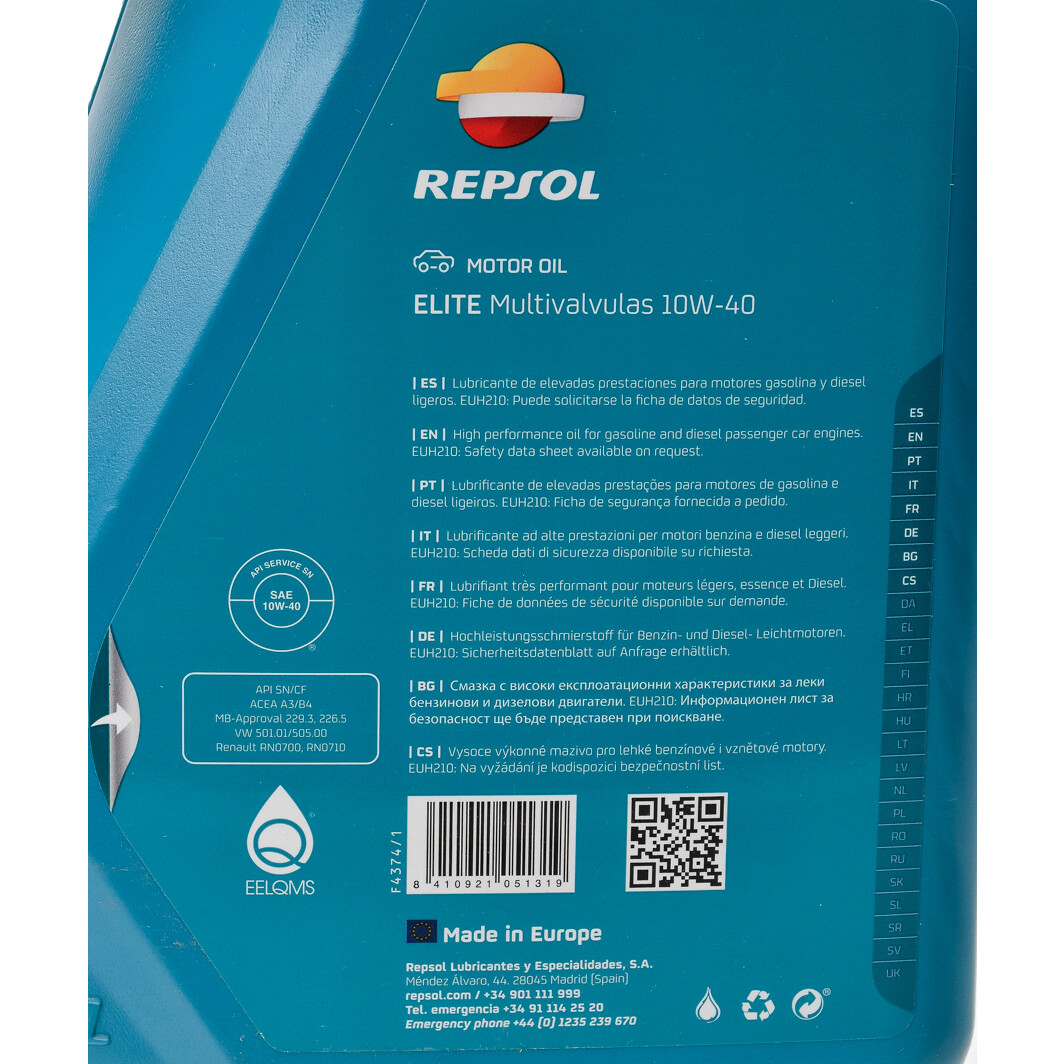 Моторна олива Repsol Elite Multivalvulas 10W-40 4 л на Opel Vivaro