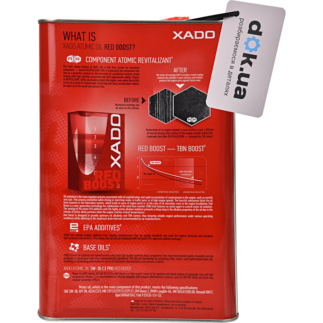Моторное масло Xado Atomic Oil C3 Pro RED BOOST 5W-30 4 л на Kia Sorento
