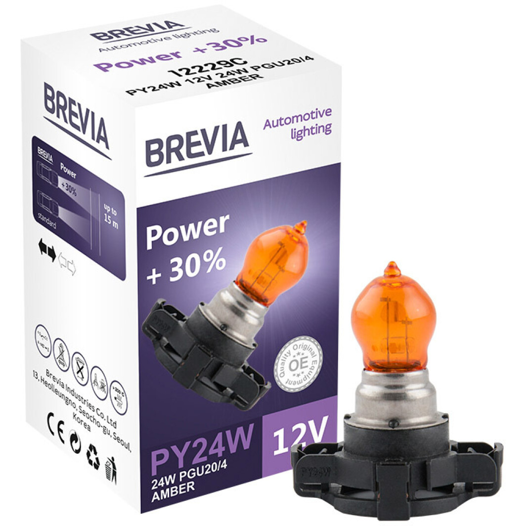 Автолампа Brevia Power +30% PY24W PGU20/4 24 W помаранчева 12229C
