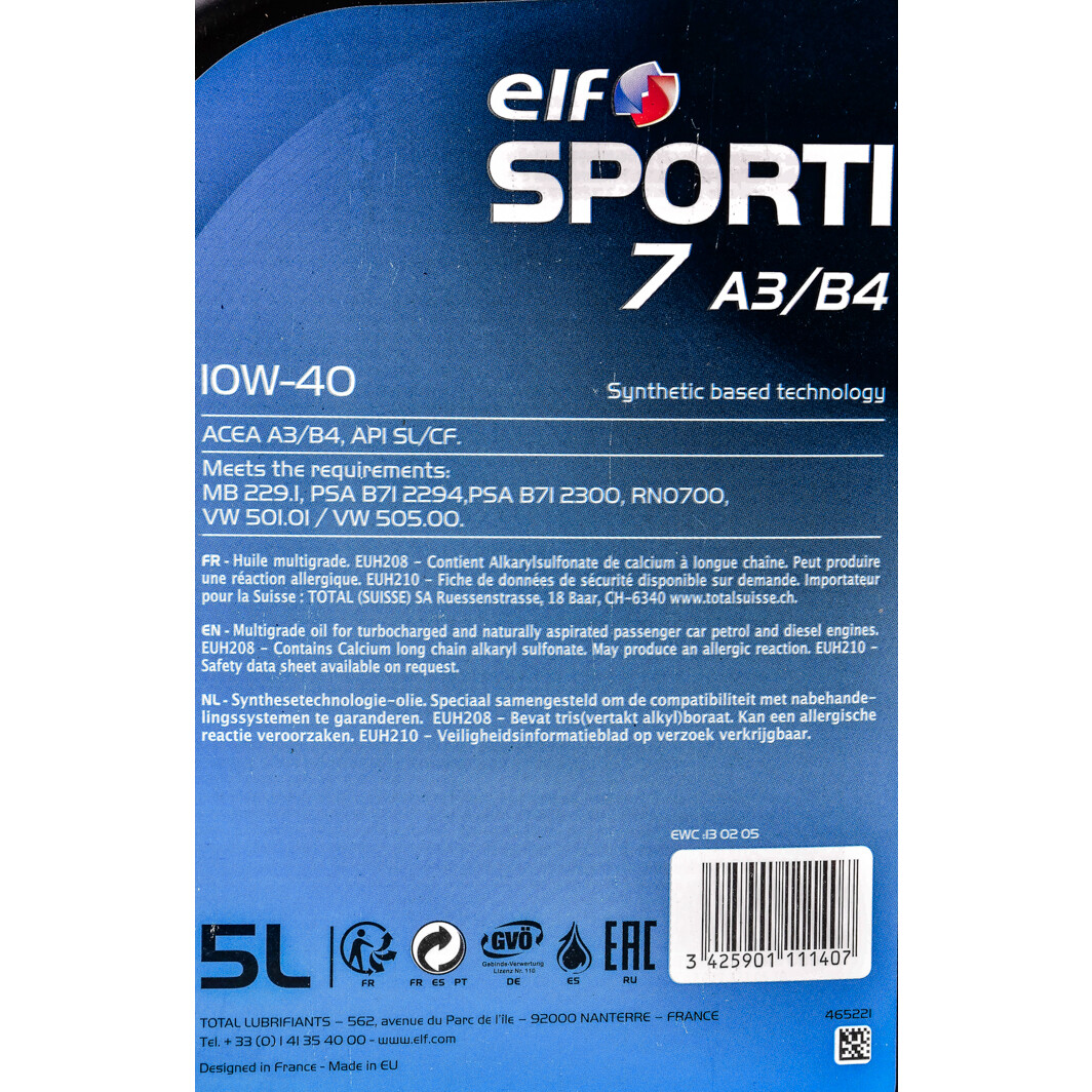 Моторное масло Elf Sporti 7 A3/B4 10W-40 5 л на Chevrolet Volt