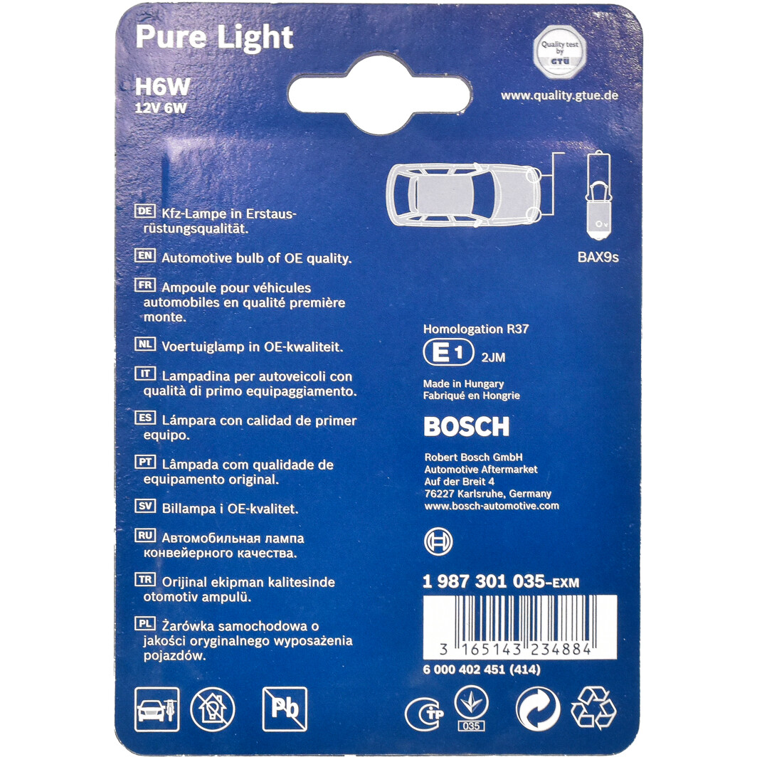 Автолампа Bosch Pure Light H6W BAX9s 6 W 1987301035