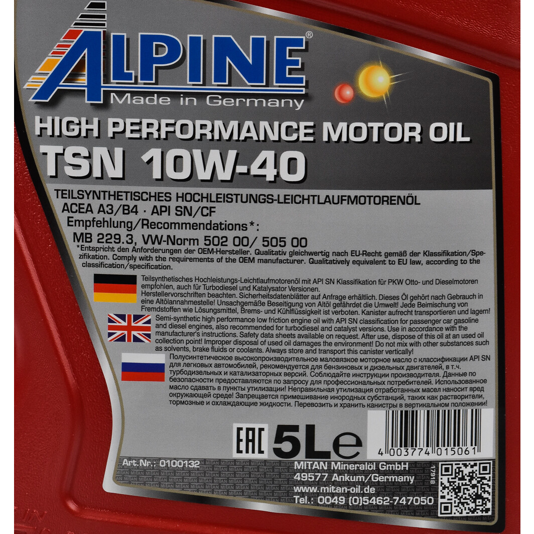 Моторна олива Alpine TSN 10W-40 5 л на Opel Tigra