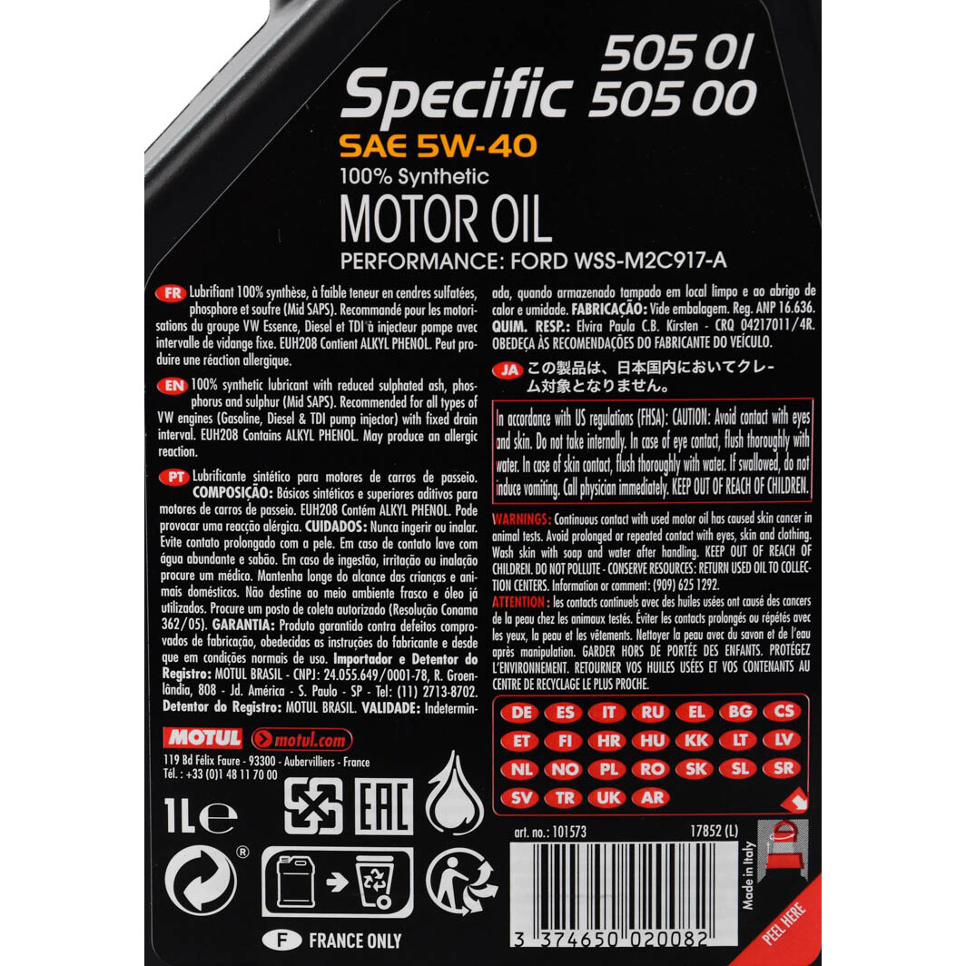 Моторное масло Motul Specific 505 01 505 00 5W-40 1 л на Fiat Marea