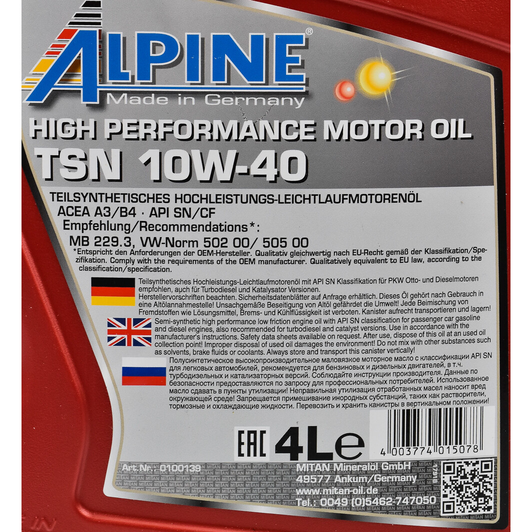 Моторна олива Alpine TSN 10W-40 4 л на Chrysler PT Cruiser