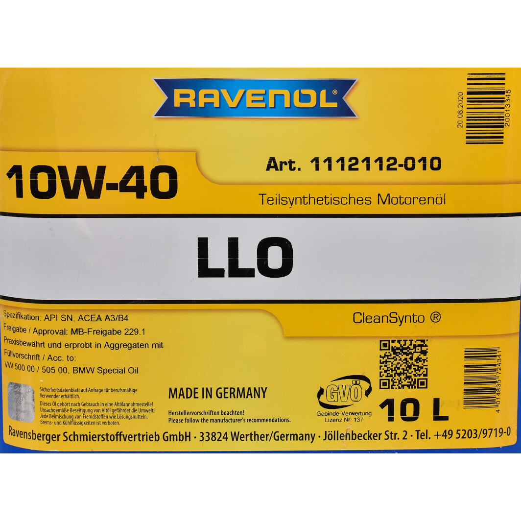 Моторна олива Ravenol LLO 10W-40 10 л на Dacia Sandero