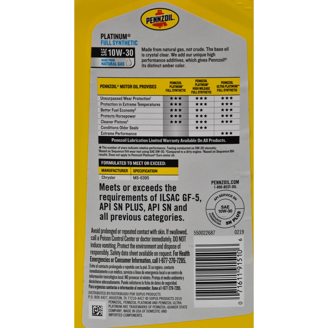 Моторна олива Pennzoil Platinum 10W-30 0,95 л на Opel Vivaro