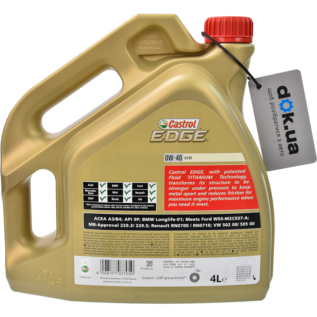 Моторна олива Castrol EDGE A3/B4 0W-40 4 л на Alfa Romeo 155