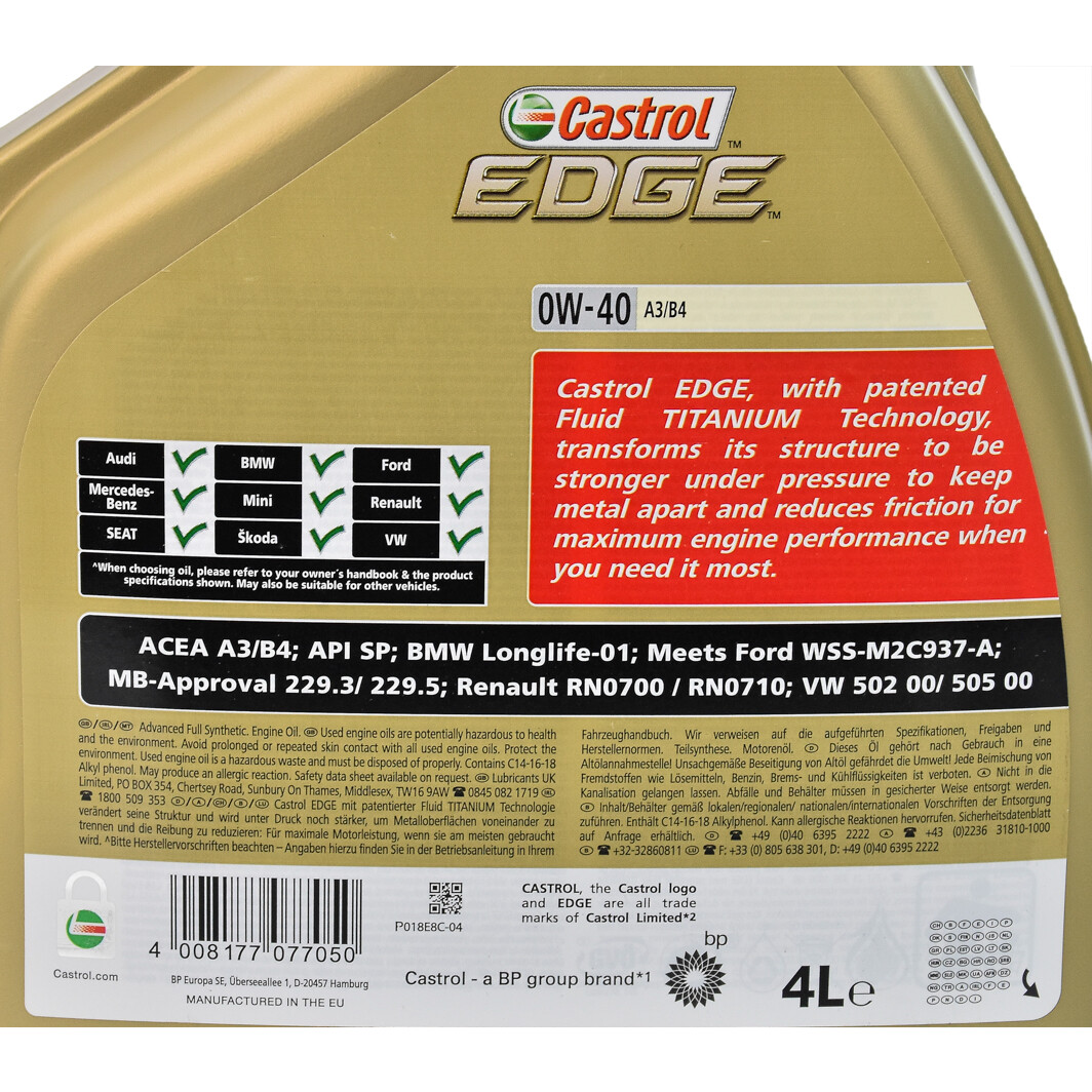 Моторное масло Castrol EDGE A3/B4 0W-40 4 л на Fiat Duna