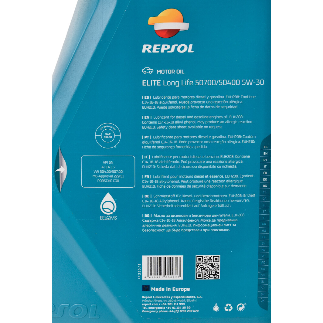 Моторна олива Repsol Elite Long Life 50700/50400 5W-30 5 л на Kia Retona