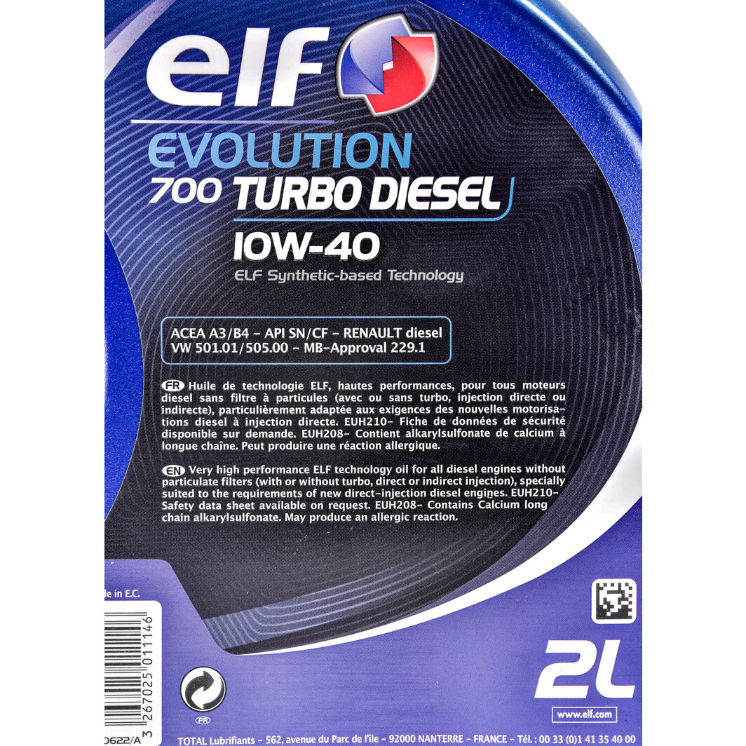 Моторна олива Elf Evolution 700 Turbo Diesel 10W-40 2 л на Citroen C-Elysee
