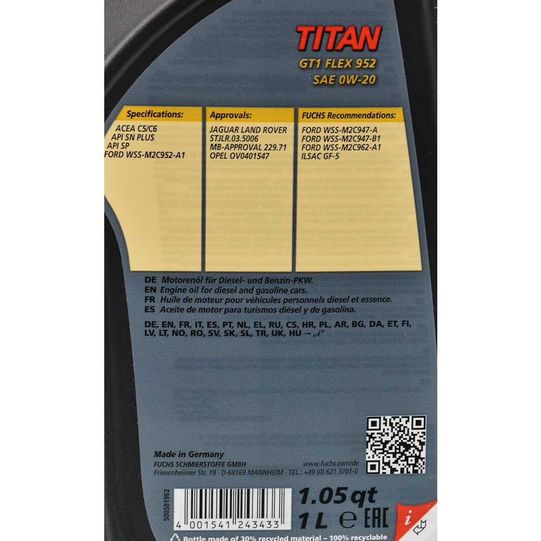 Моторное масло Fuchs Titan Gt1 Flex 952 0W-20 1 л на Honda Stream