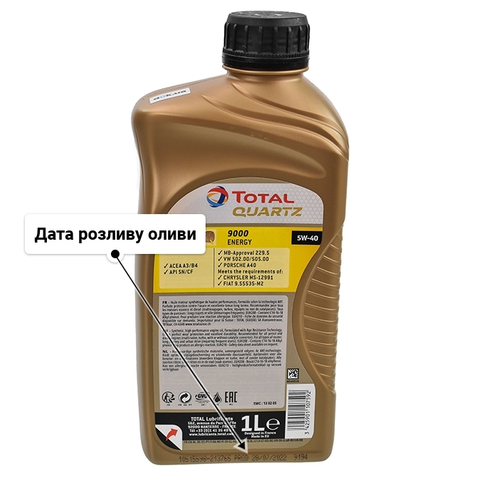 Олива Total Quartz 9000 Energy 5W-40 для Porsche Cayenne 1 л