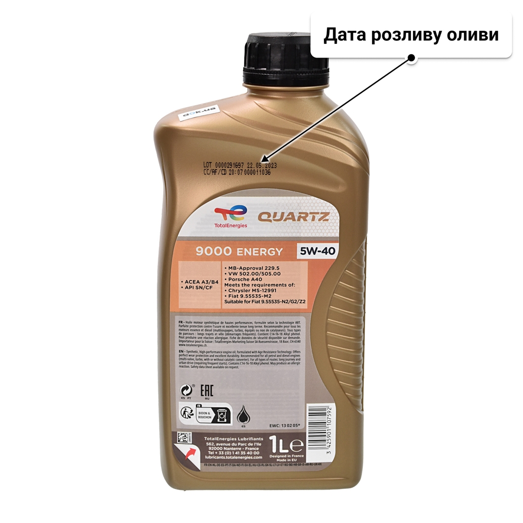 Олива Total Quartz 9000 Energy 5W-40 для Porsche Cayenne 1 л