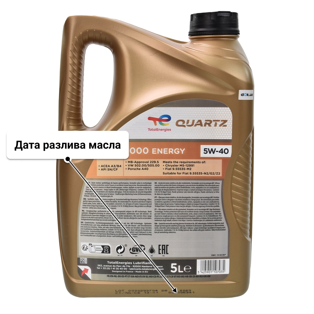 Масло Total Quartz 9000 Energy 5W-40 для Porsche Cayenne 5 л