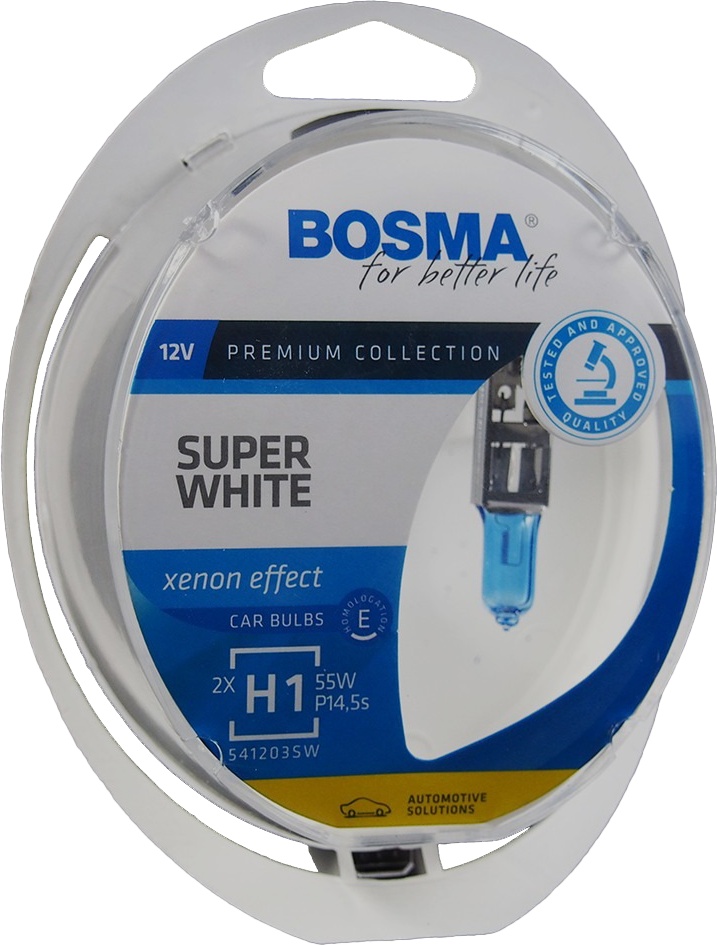 

Автолампа Bosma 3721 Super White H1 P14,5s 55 W прозрачно-голубой