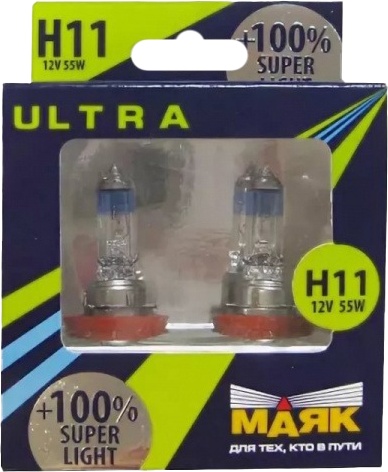 

Автолампа Маяк 82110SL100 Ultra Super Light +100% H11 PGJ19-2 55 W прозрачно-голубая