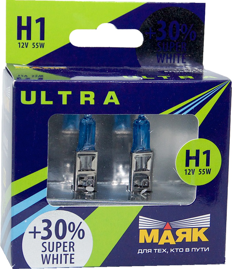 

Автолампы Маяк 82120SW30 Ultra Super White +30% H1 P14,5s 55 W темно-голубая