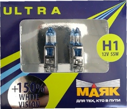 

Автолампа Маяк 82120WV150 Ultra White Vision +150% H1 P14,5s 55 W прозрачно-голубая