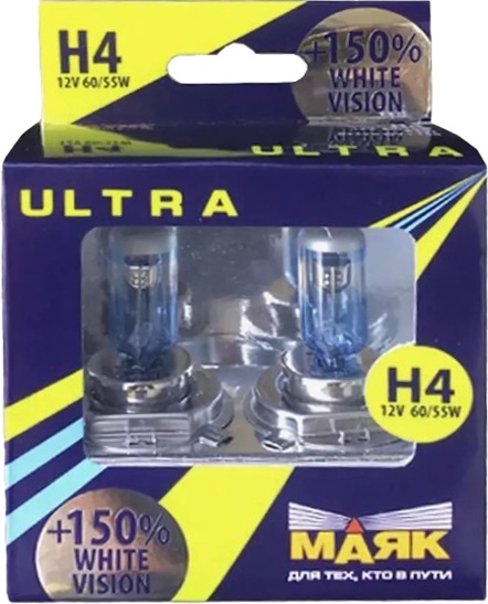 

Автолампа Маяк 82420WV150 Ultra White Vision +150% H4 P43t 55 W 60 W прозрачно-голубая