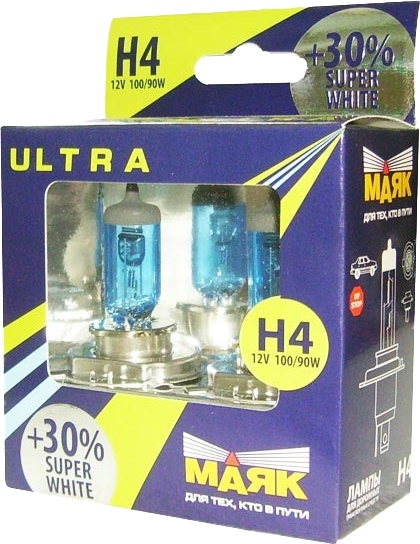 

Автолампы Маяк 82450SW30 Ultra Super White +30% H4 P43t 90 W 100 W темно-голубая