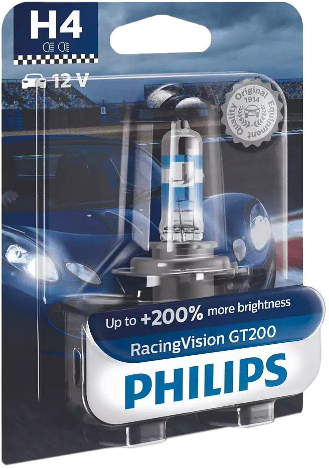 

Автолампа Philips 12342RGTB1 Racing Vision GT200 H4 P43t-38 55 W прозрачно-голубой