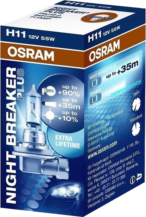 

Автолампа Osram 64211NBP Night Breaker Plus H11 PGJ19-2 55 W прозрачно-голубая