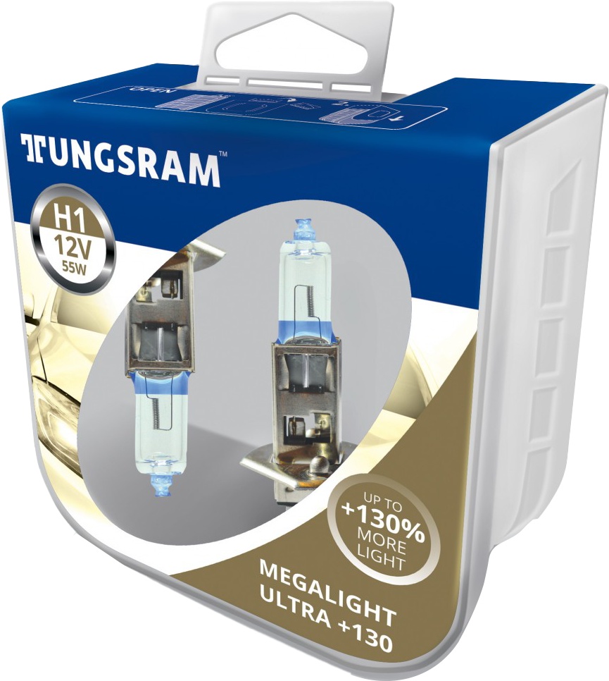 

Автолампа Tungsram 50310XNU2PL Megalight Ultra +130 H1 P14,5s 55 W прозрачно-голубая