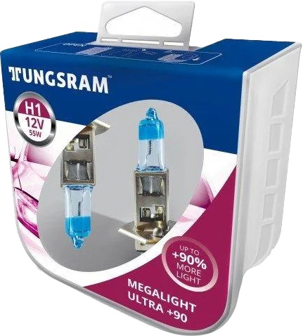 

Автолампа Tungsram 50310XU2PL Megalight Ultra +90 H1 P14,5s 55 W прозрачно-голубая