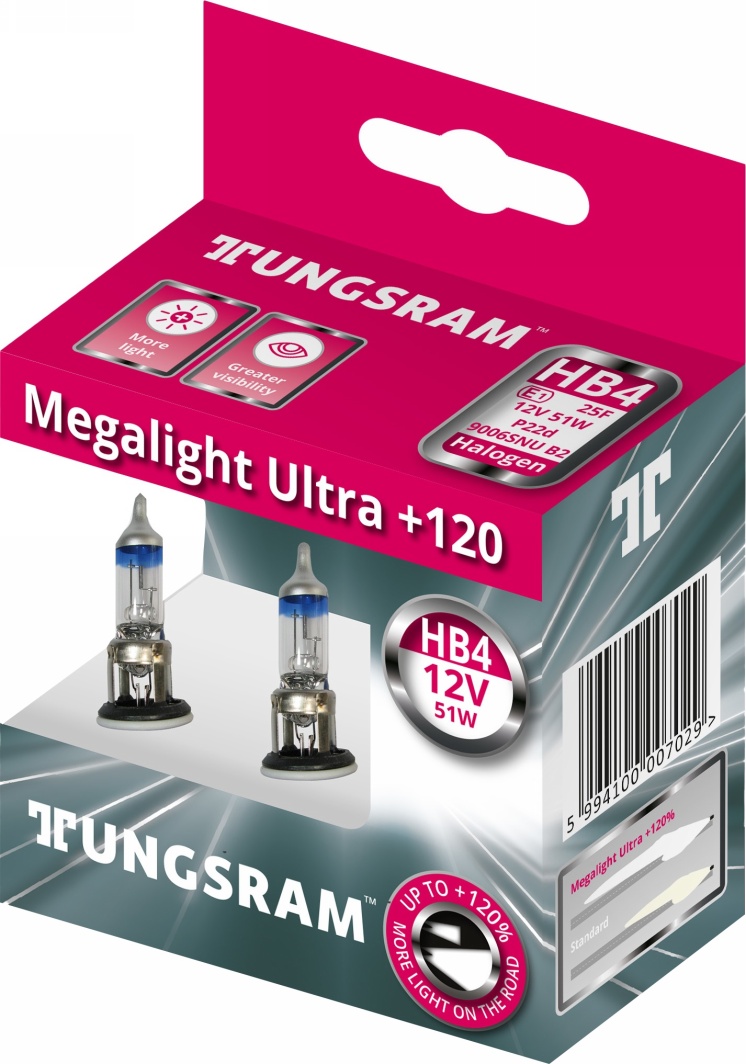 

Автолампа Tungsram 53070snu2d Megalight Ultra +120 HB4 P22d 51 W прозрачная