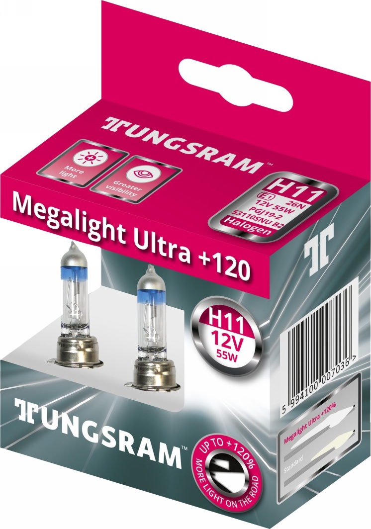 

Автолампа Tungsram 53110snu2d Megalight Ultra +120 H11 PGJ19-2 55 W прозрачно-голубая