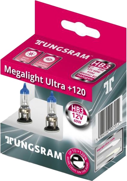 

Автолампа Tungsram 53810nu2d Megalight Ultra +120 HB3 P20d 60 W прозрачно-голубой