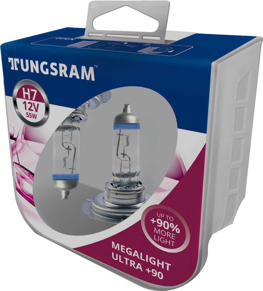 

Автолампа Tungsram 58520SXU2PL Megalight Ultra +90 H7 PX26d 55 W прозрачно-голубой