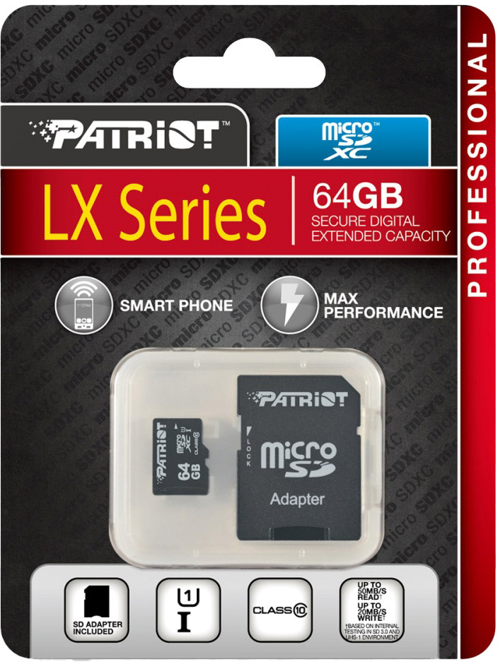 

Карта памяти Patriot LX Series microSDXC 64 ГБ с SD-адаптером PSF64GMCSDXC10