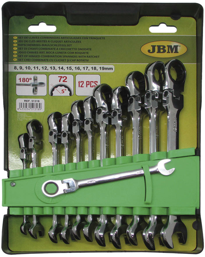 

Набор ключей комбинированных трещоточных JBM 51318 8-19 мм с шарниром 12 шт