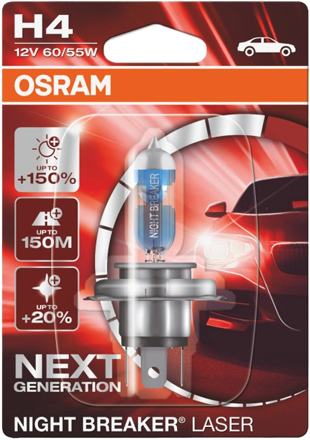 

Автолампа Osram 64193NL01B Night Breaker Laser H4 P43t 55 W 60 W прозрачно-голубой