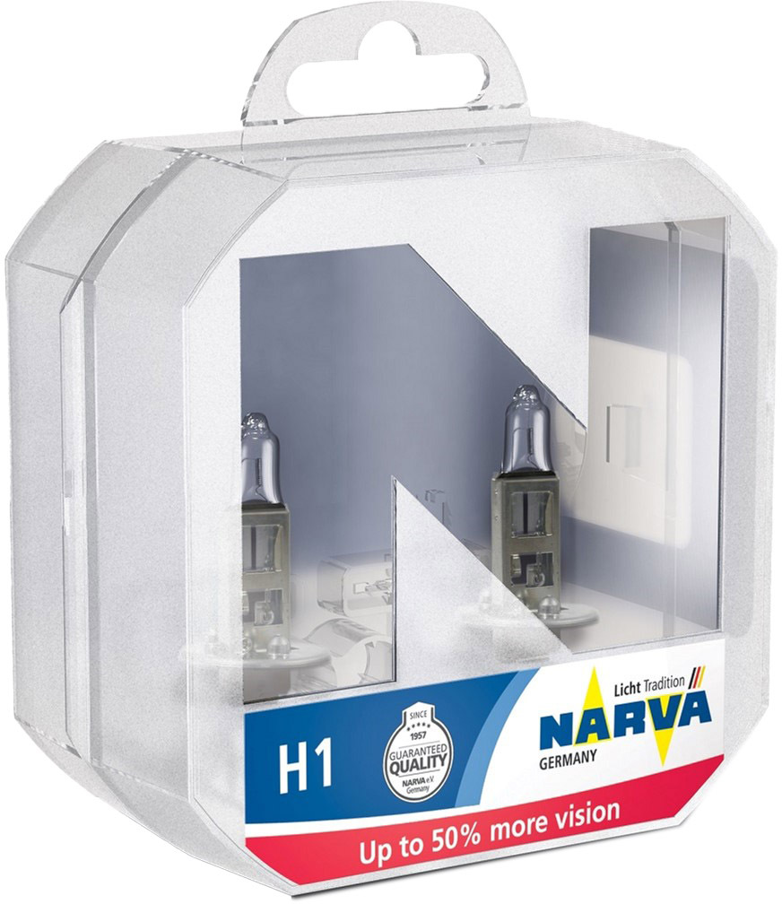 

Автолампа Narva 483342box Range Power 50+ H1 P14,5s 55 W прозрачно-голубая