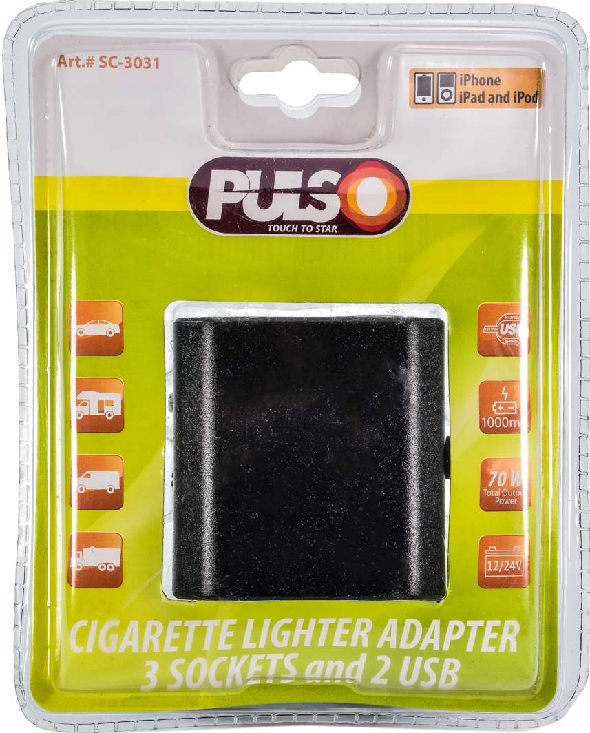 

Разветвитель прикуривателя с USB Pulso 3 в 1 + 2 USB sc3031