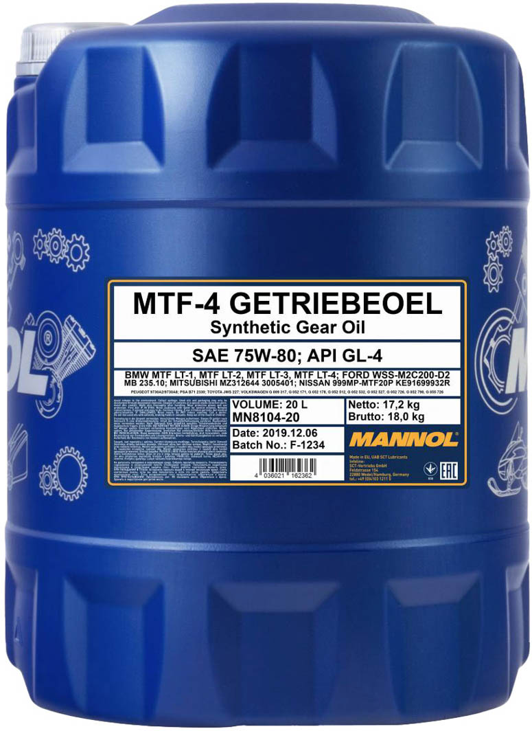 

Трансмиссионное масло Mannol MTF-4 Getriebeoel GL-4 75W-80 синтетическое MN8104-20