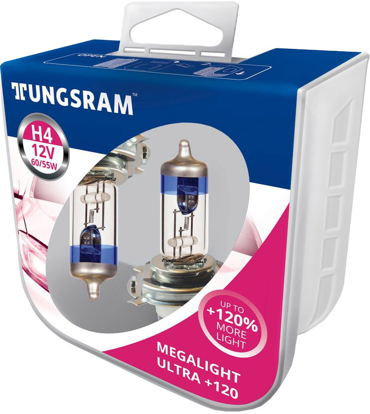 

Автолампа Tungsram 50440SNU2PL Megalight Ultra +120 H4 P43t 55 W 60 W прозрачно-голубая